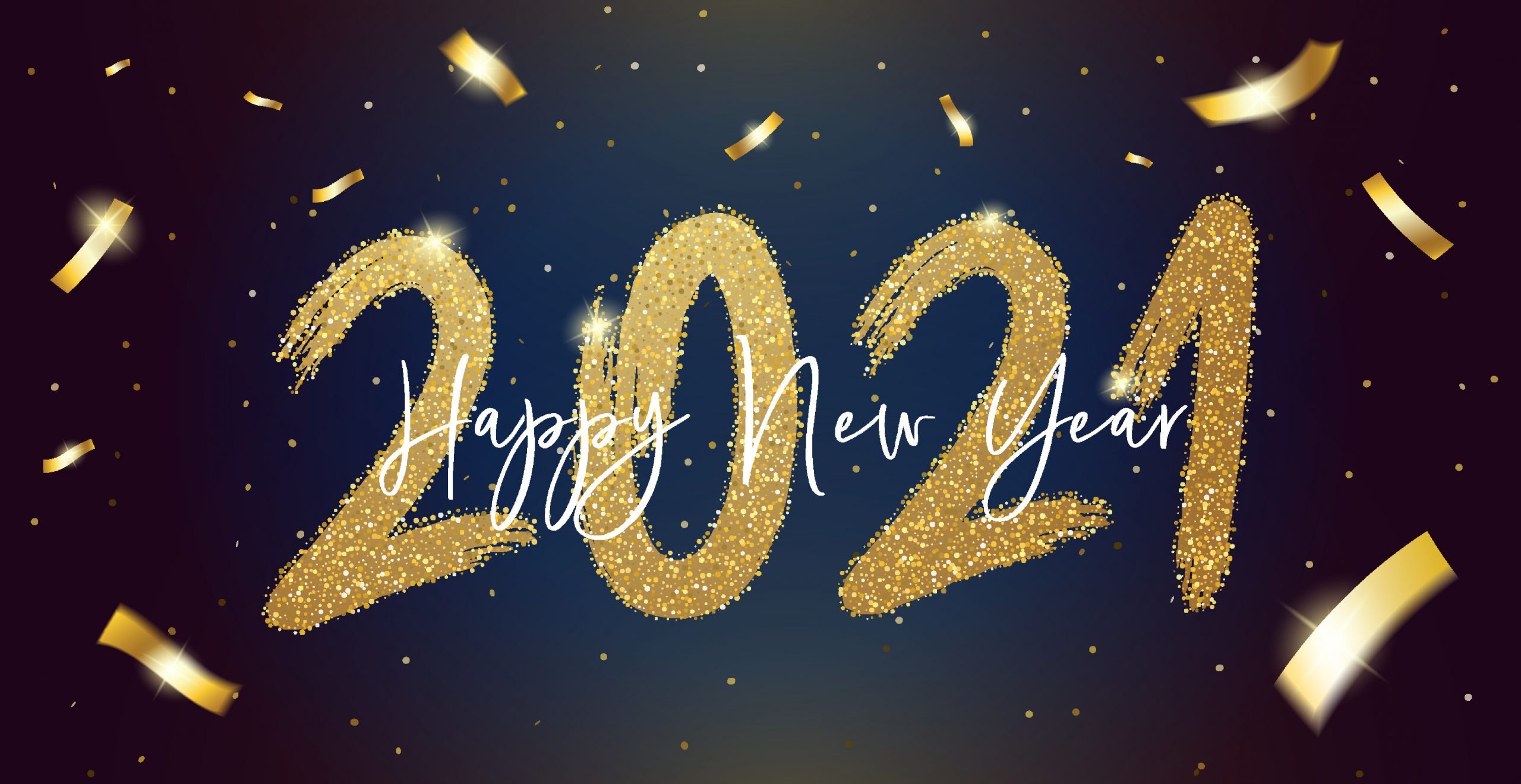 A festive "Happy New Year 2021" graphic with glittering gold numbers and the words "Happy New Year" written in cursive overlaying the numbers. Gold confetti surrounds the numbers on a dark blue background.