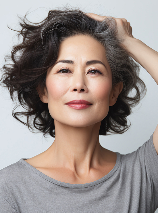 older woman smiling with beautiful skin against a gray background
