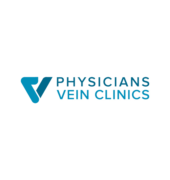 The image shows the logo for Physicians Vein Clinics. The logo includes a stylized 'V' icon in blue, followed by the words "PHYSICIANS VEIN CLINICS" in uppercase, blue letters. The background is white.